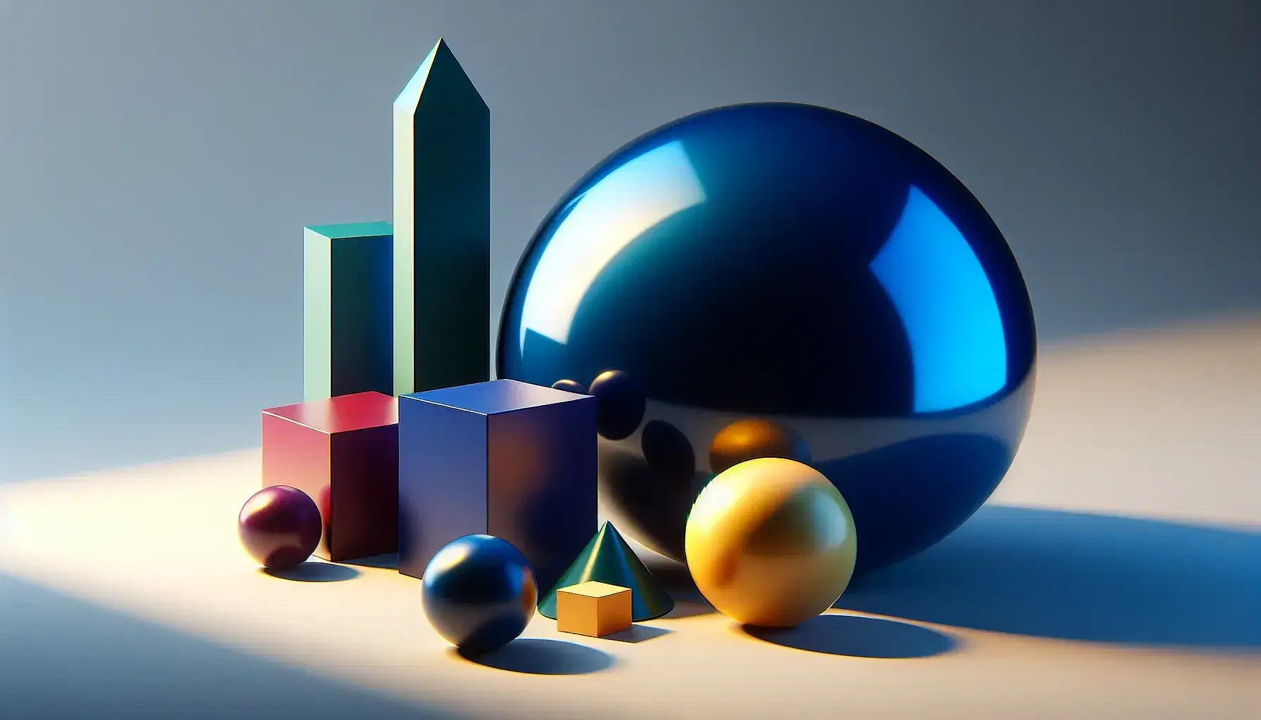 3D geometric shapes collection with shiny blue sphere, matte red cube, frosted green cylinder and rough yellow cone on neutral surface.