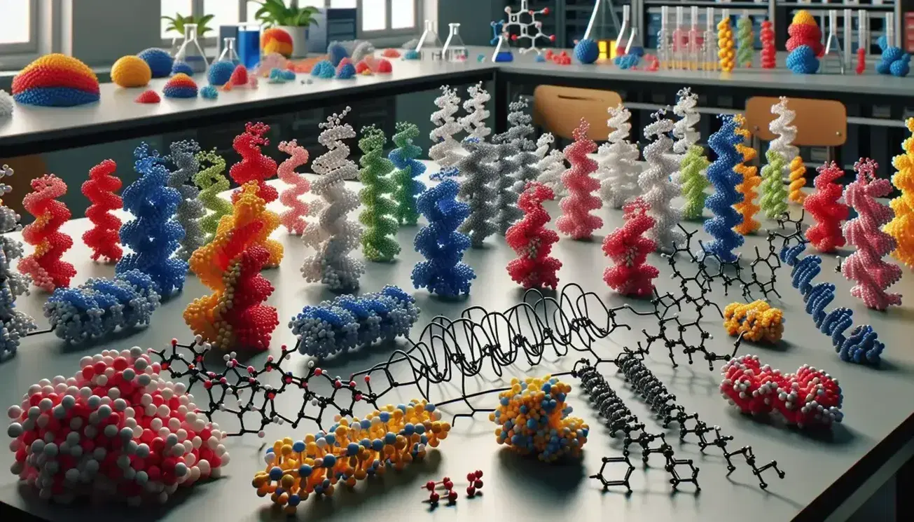 Modelli molecolari tridimensionali di proteine con strutture primaria, secondaria alfa-elica e beta-foglietto, terziaria e quaternaria su tavolo da laboratorio.