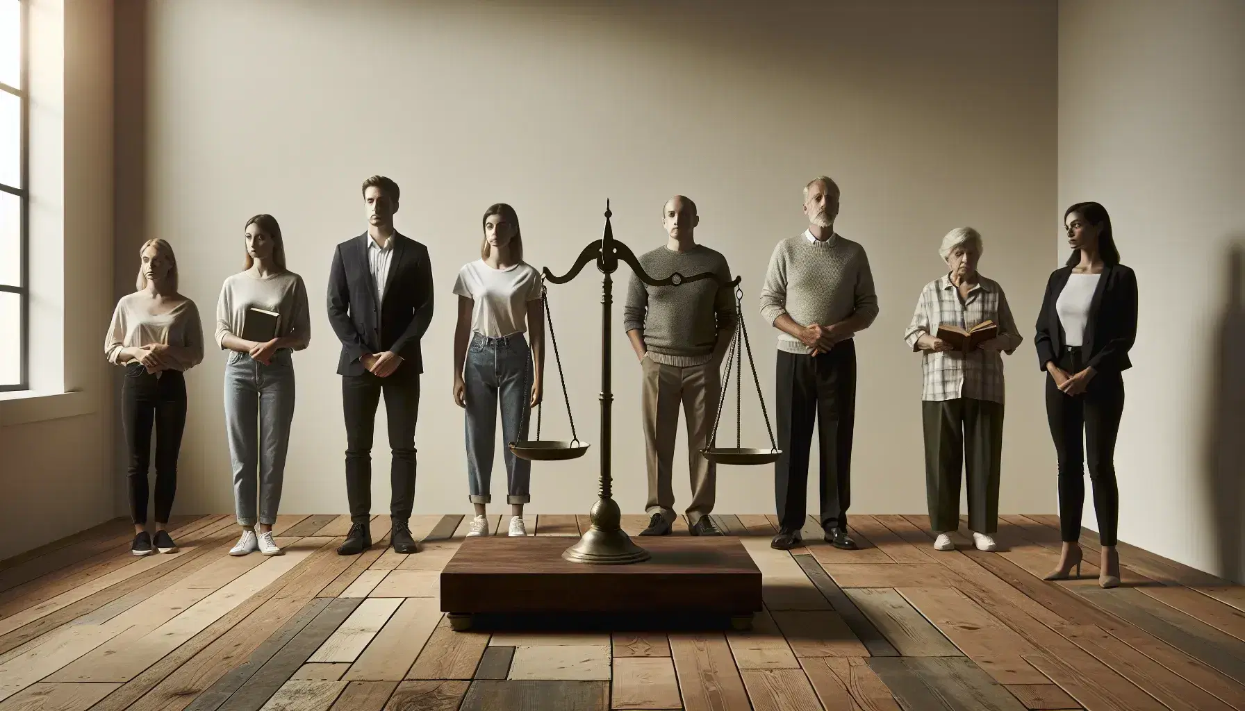 Grupo diverso de personas en semicírculo con hombre y mujer en conversación, joven con libro, anciano pensativo, balanza de bronce y escultura plateada sobre fondo neutro.
