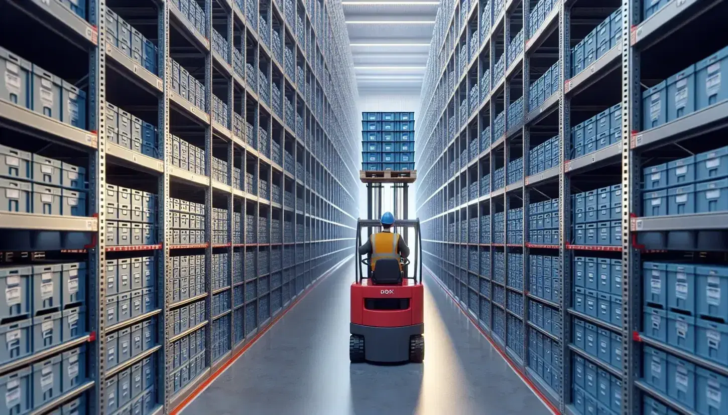 Warehouse worker in high-visibility vest operates red hand forklift to retrieve blue bin from metal shelving, in a clean, organized storage space.