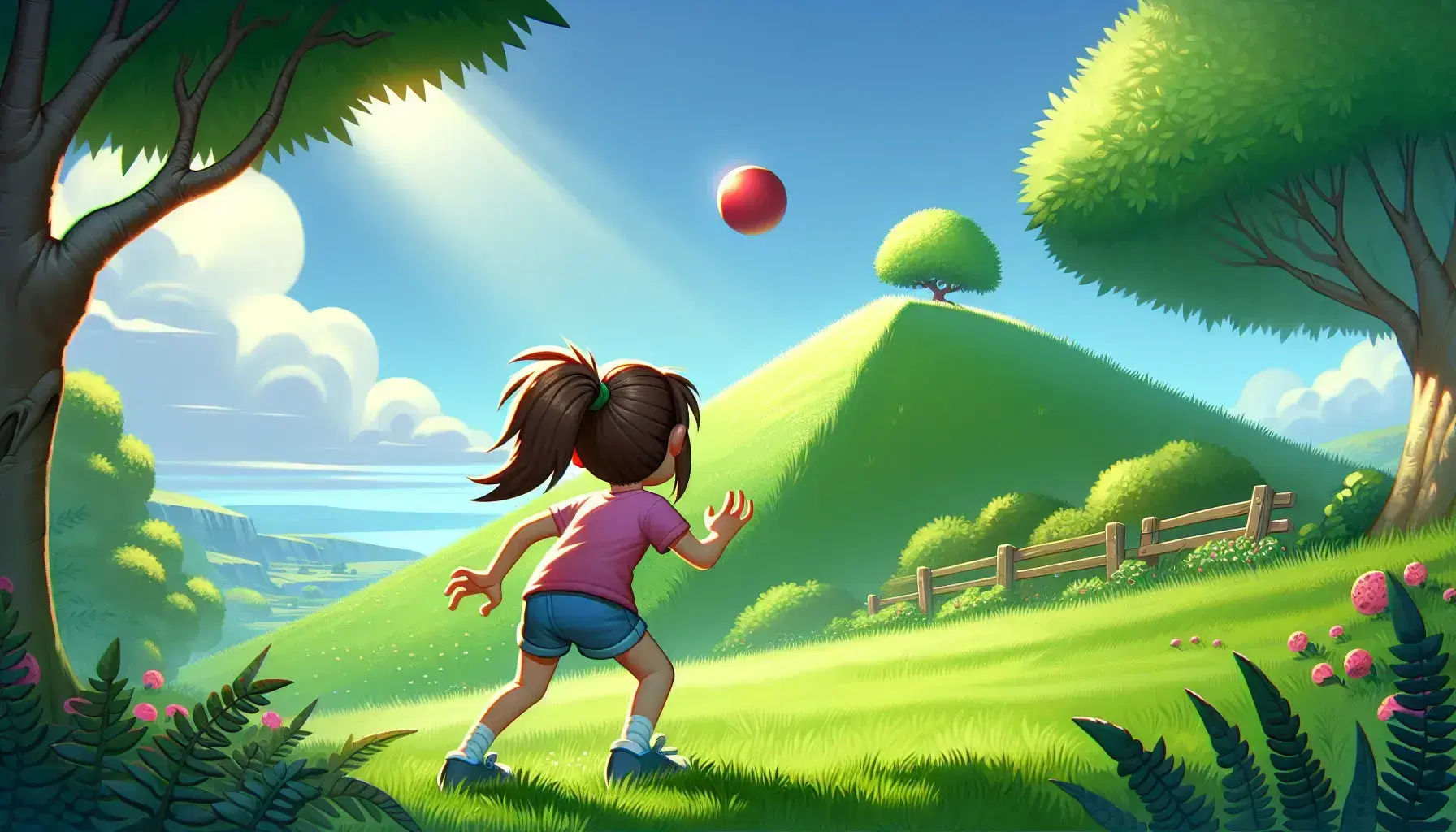 Niña lanzando pelota roja en parque soleado con niño observando, árbol frondoso y cielo azul con nubes.