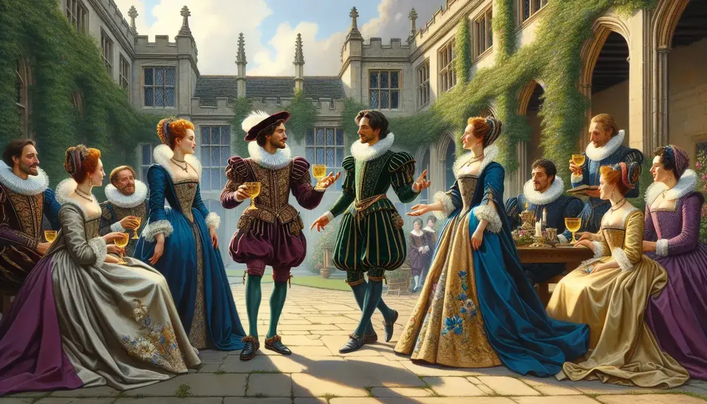 Elizabethan-era courtyard scene with elegantly dressed figures, men in embroidered doublets, women in gowns with lace, engaging in lively conversation under a clear blue sky.