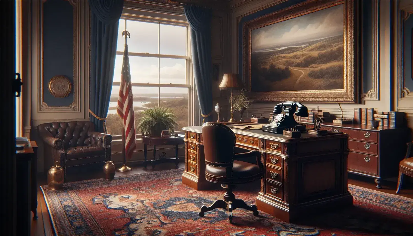 Elegant 1920s room with a polished mahogany desk, antique telephone, quill pen, and leather chair, accented by a stately American flag and framed landscape painting.