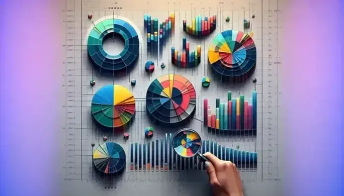 Gráficos circulares en secuencia con segmentos coloridos y gráfico de barras en tonos de gris, azul y verde, lupa enfocando segmento rojo.