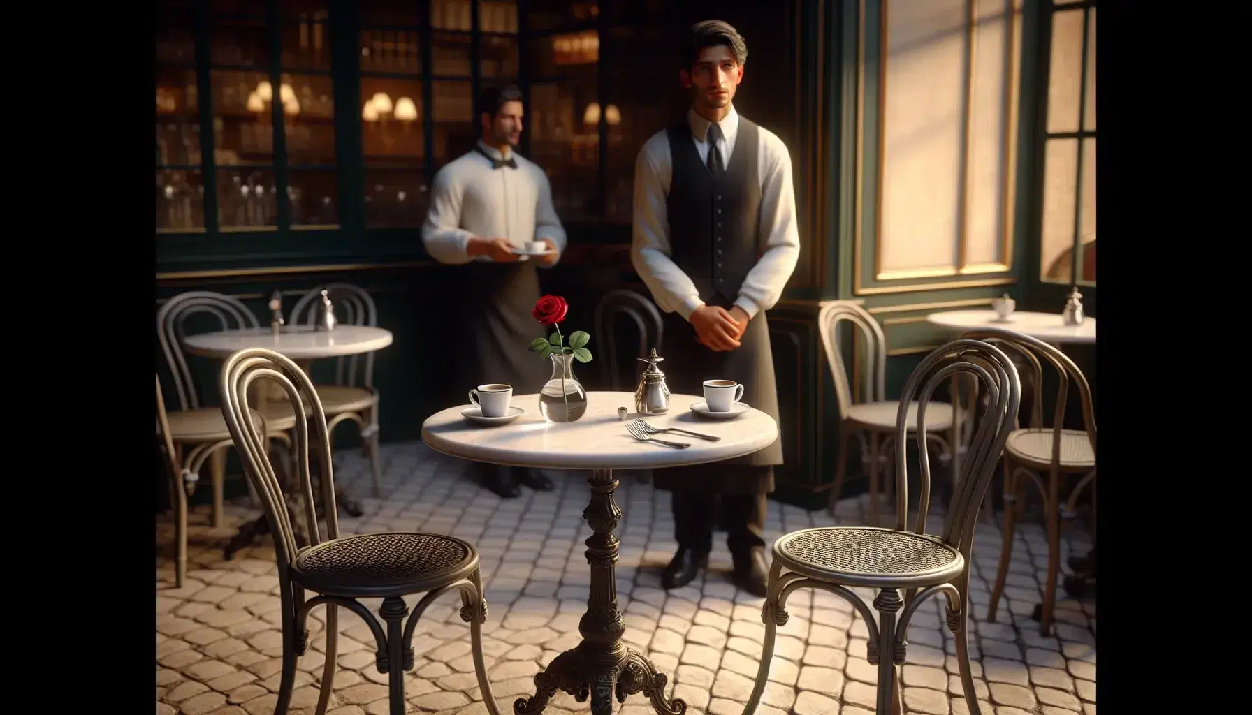 Quaint French café scene with a marble-topped bistro table, wrought iron chairs, a single red rose in a vase, empty coffee cups, and an attentive waiter.
