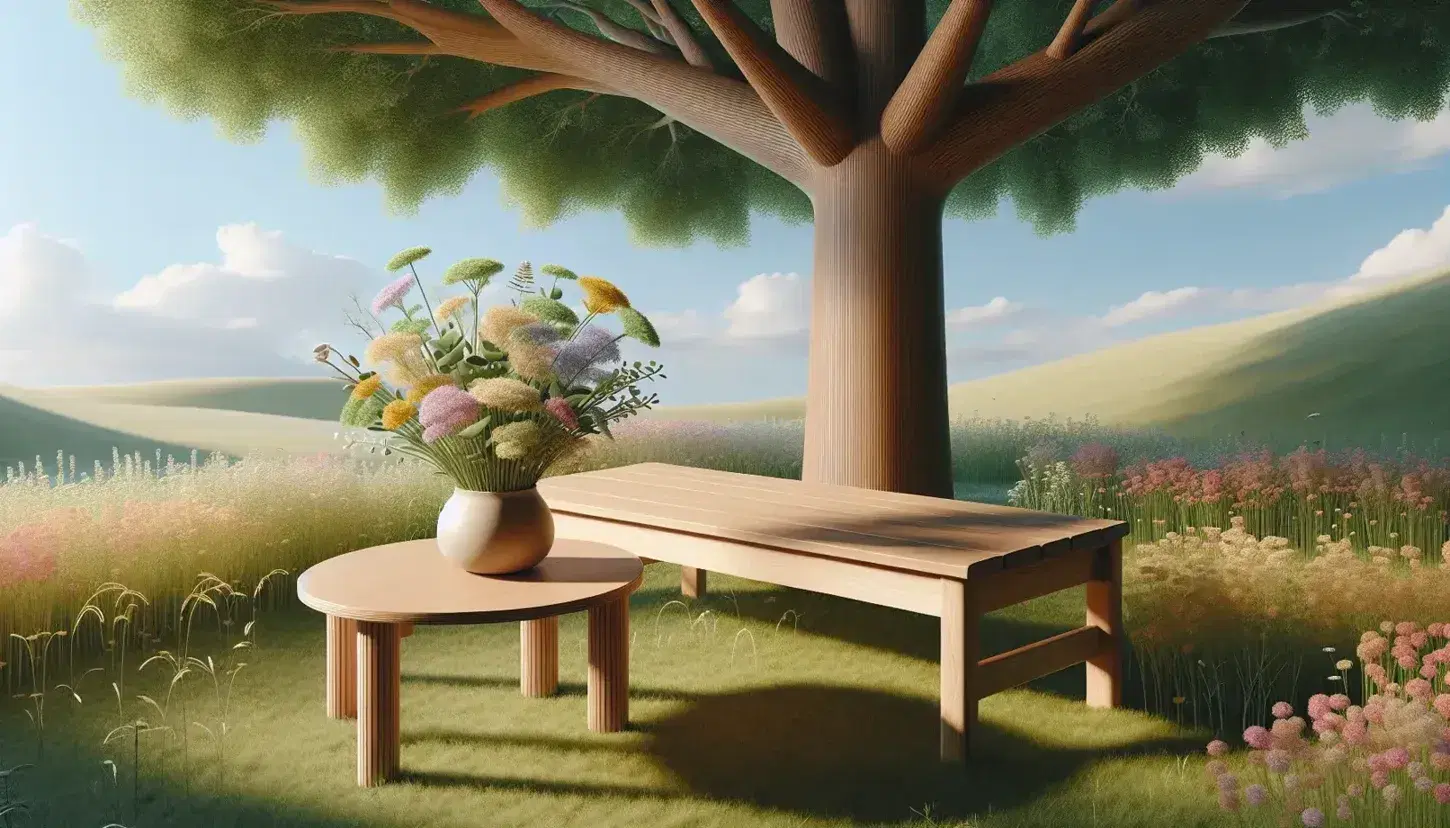 Banco de madera en un parque tranquilo bajo la sombra de un árbol grande, con mesa y jarrón de flores silvestres, rodeado de césped verde y cielo azul con montañas al fondo.