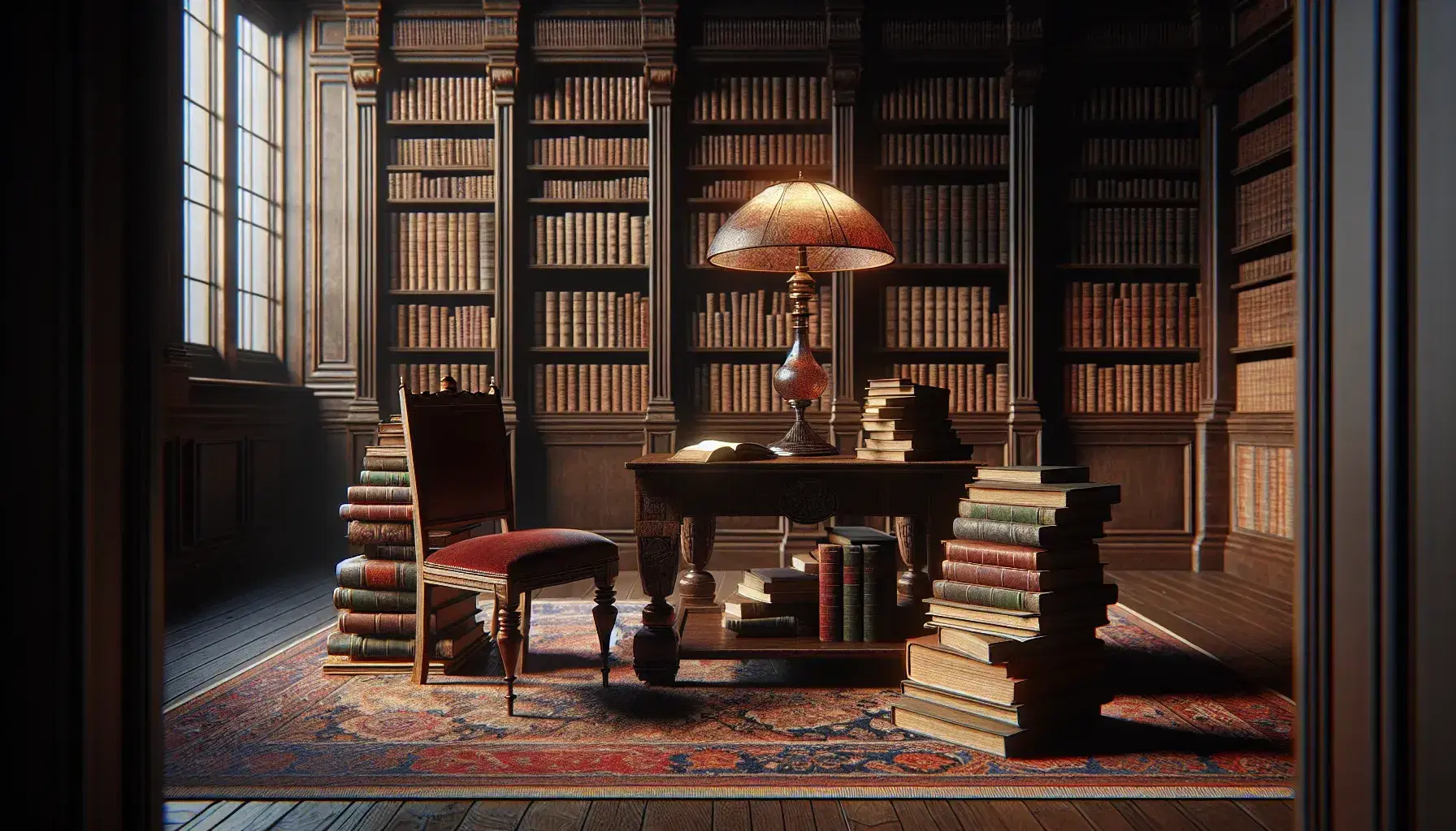 Biblioteca antigua con estanterías de madera oscura llenas de libros, mesa central con lámpara y libros apilados, silla con asiento de terciopelo rojo y alfombra persa.