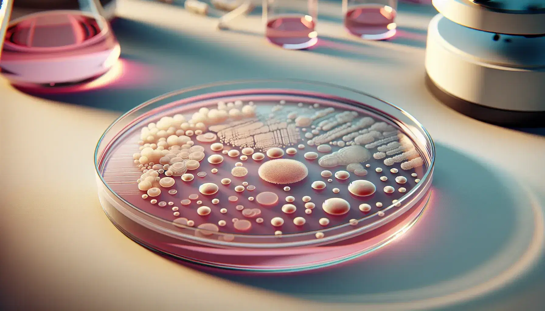 Piastri Petri trasparente con terreno di coltura agar rosa e colonie batteriche di varie dimensioni e colori bianco-crema su banco laboratorio.