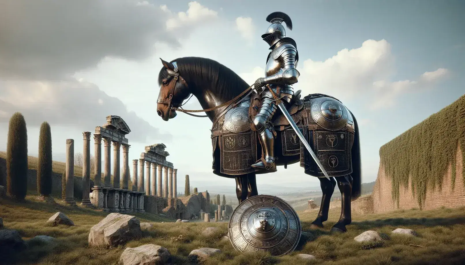 Cavaliere medievale in armatura lucente su cavallo bardato, con sfondo di rovine romane e spada e scudo in primo piano.