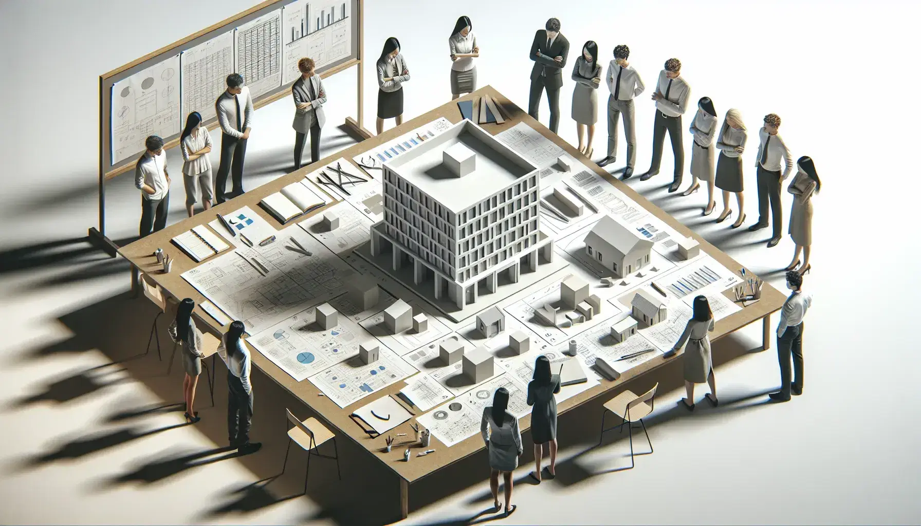 Grupo diverso de profesionales colaborando en torno a una mesa con documentos, planos y un modelo tridimensional de un edificio.