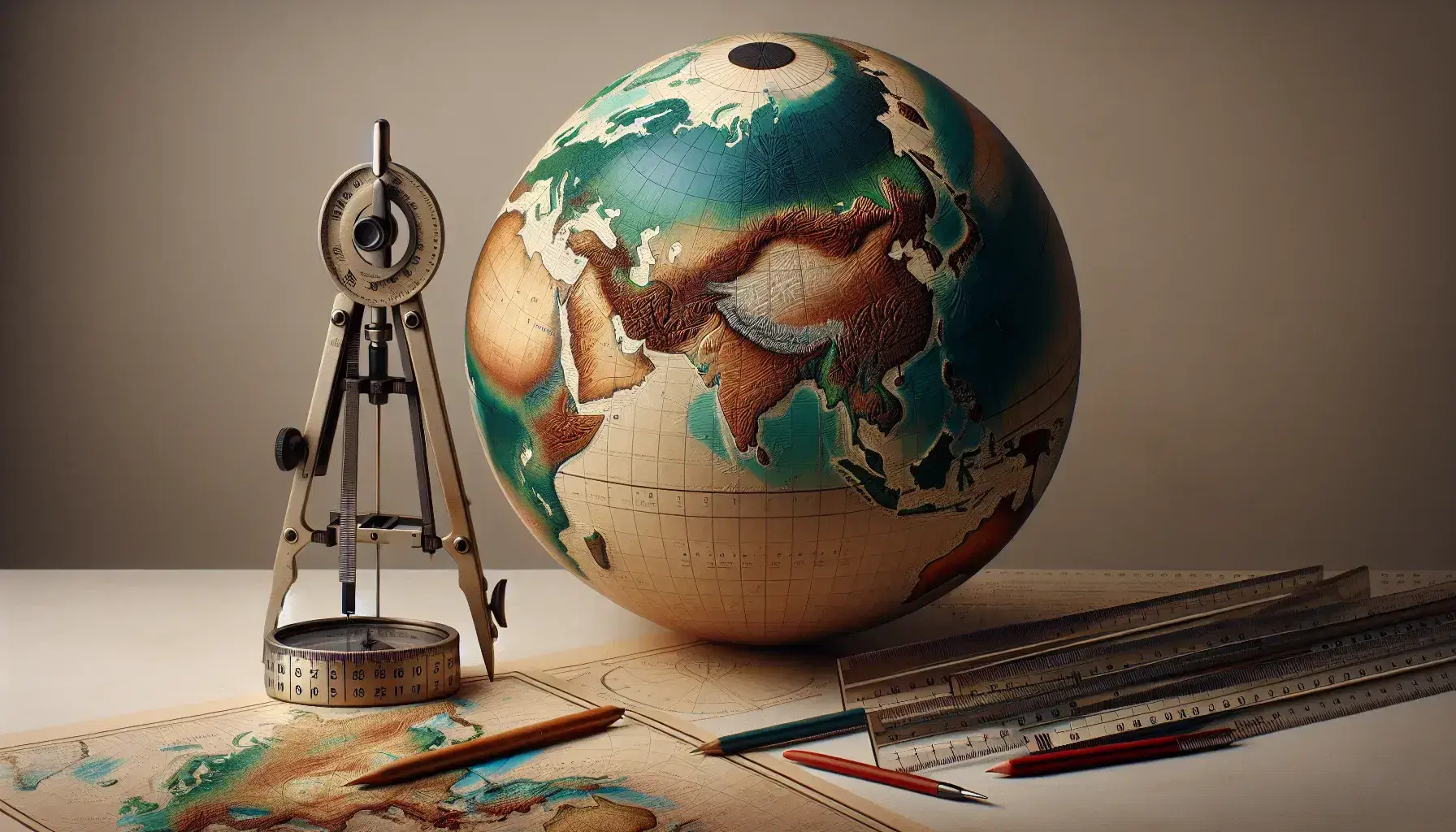 Globo terrestre dettagliato con rilievi e oceani, affiancato da compasso, calibro cartografico e parte di righello.