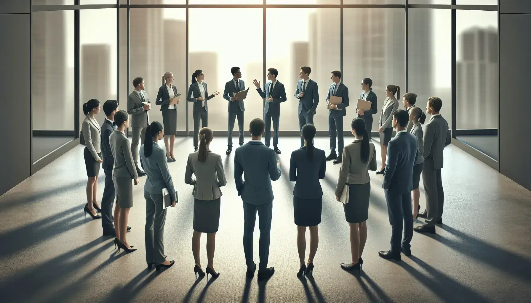 Grupo diverso de profesionales en trajes formales reunidos en semicírculo con una persona liderando la conversación en una oficina iluminada con luz natural.