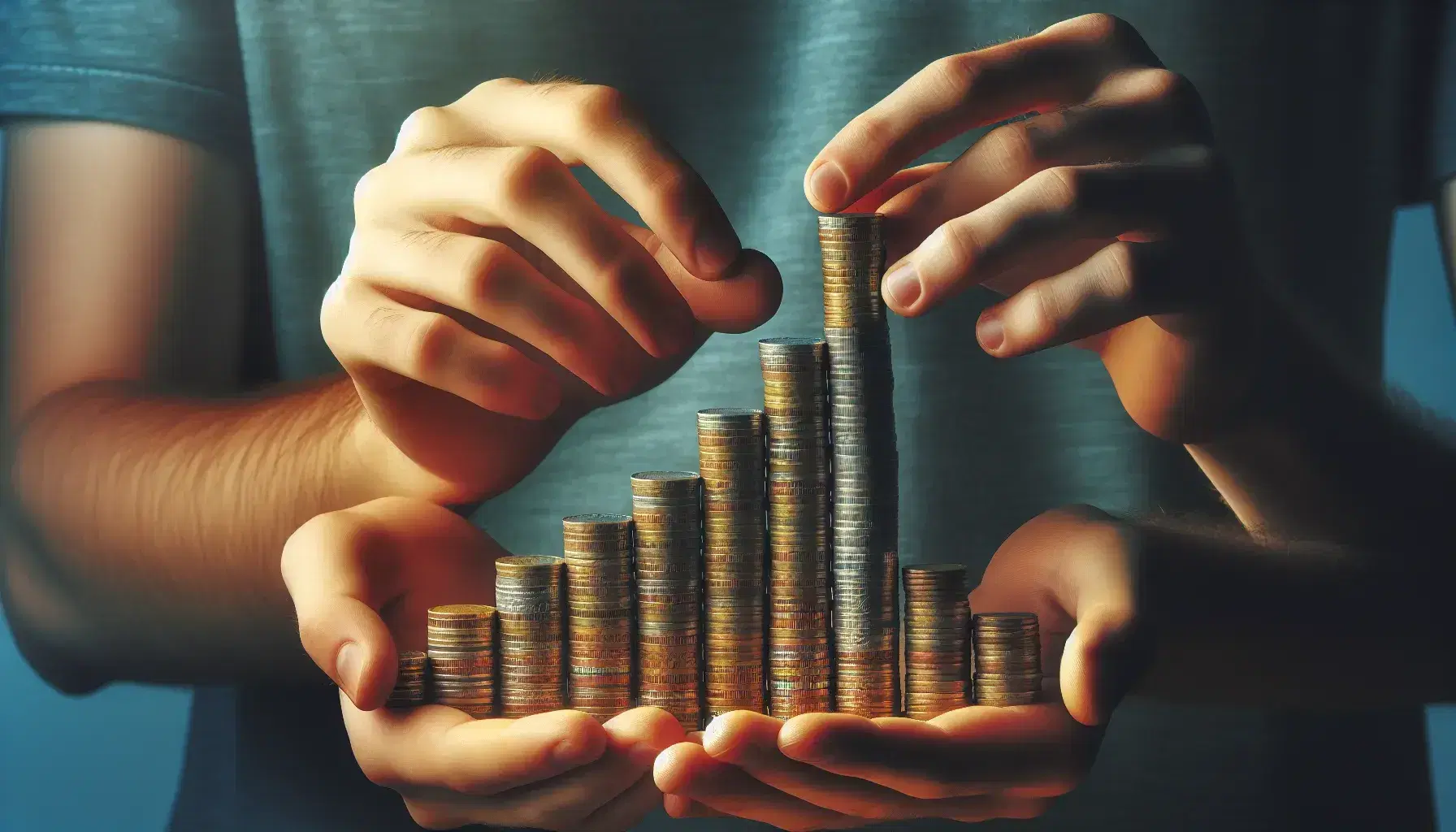 Hands carefully holding a stack of assorted coins arranged in a stair-step pattern, with a soft blue to green gradient background.