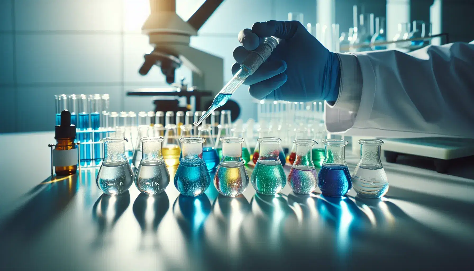 Scientist in lab coat using pipette to add blue liquid to flasks with yellow, green, red, purple solutions on a lab bench with blurred equipment behind.