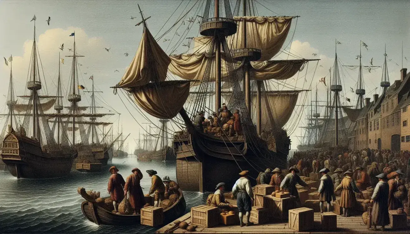 Late medieval port bustling with dockworkers loading goods onto a wooden merchant ship, surrounded by carts, horses, and period architecture.