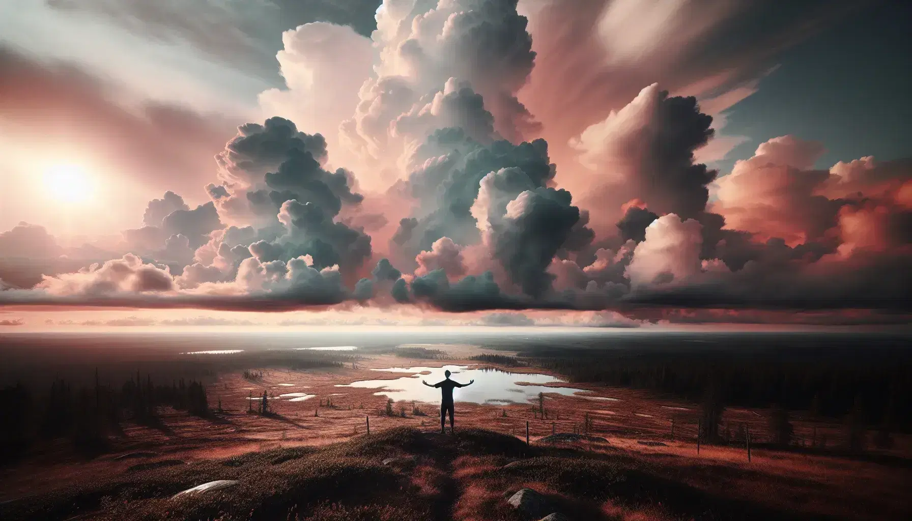 Paisaje al amanecer con cielo de nubes cirrus rosadas y cumulus blancas sobre lago reflejante, silueta de persona con brazos alzados y horizonte arbolado.
