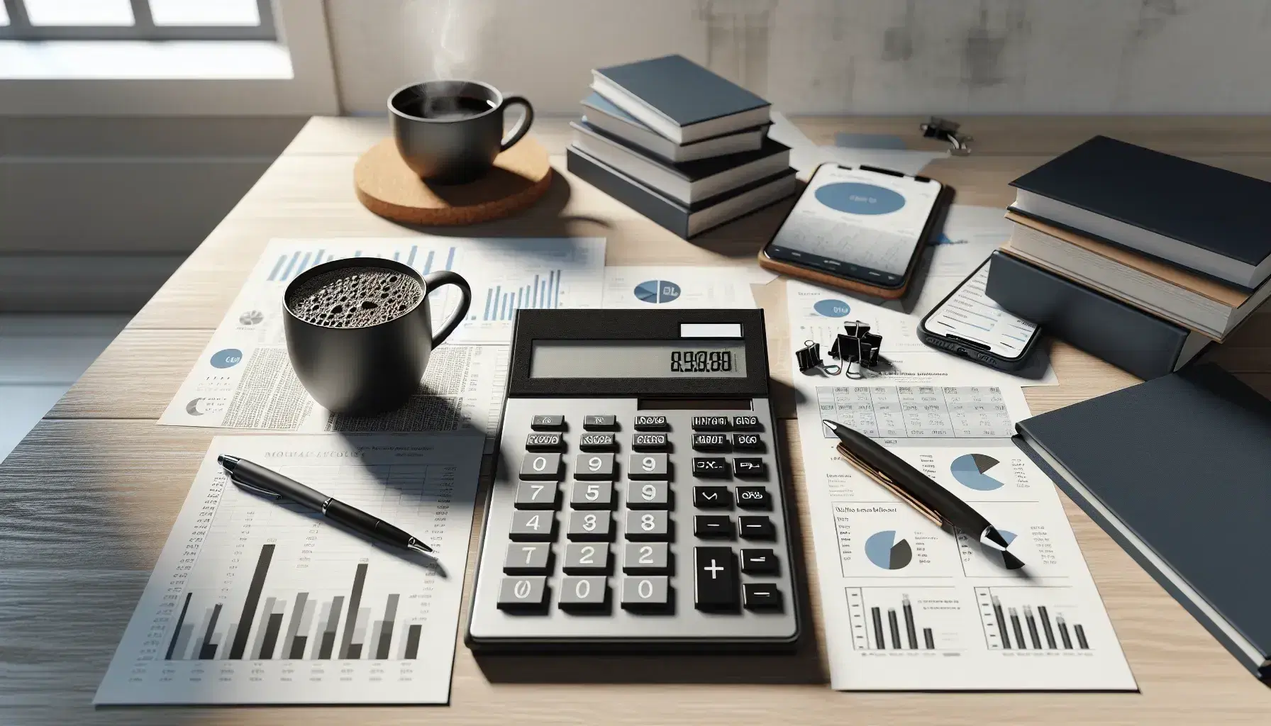 Escritorio de oficina con calculadora, papeles con gráficos financieros, portapapeles, bolígrafo azul, smartphone y taza de café, en ambiente laboral iluminado naturalmente.