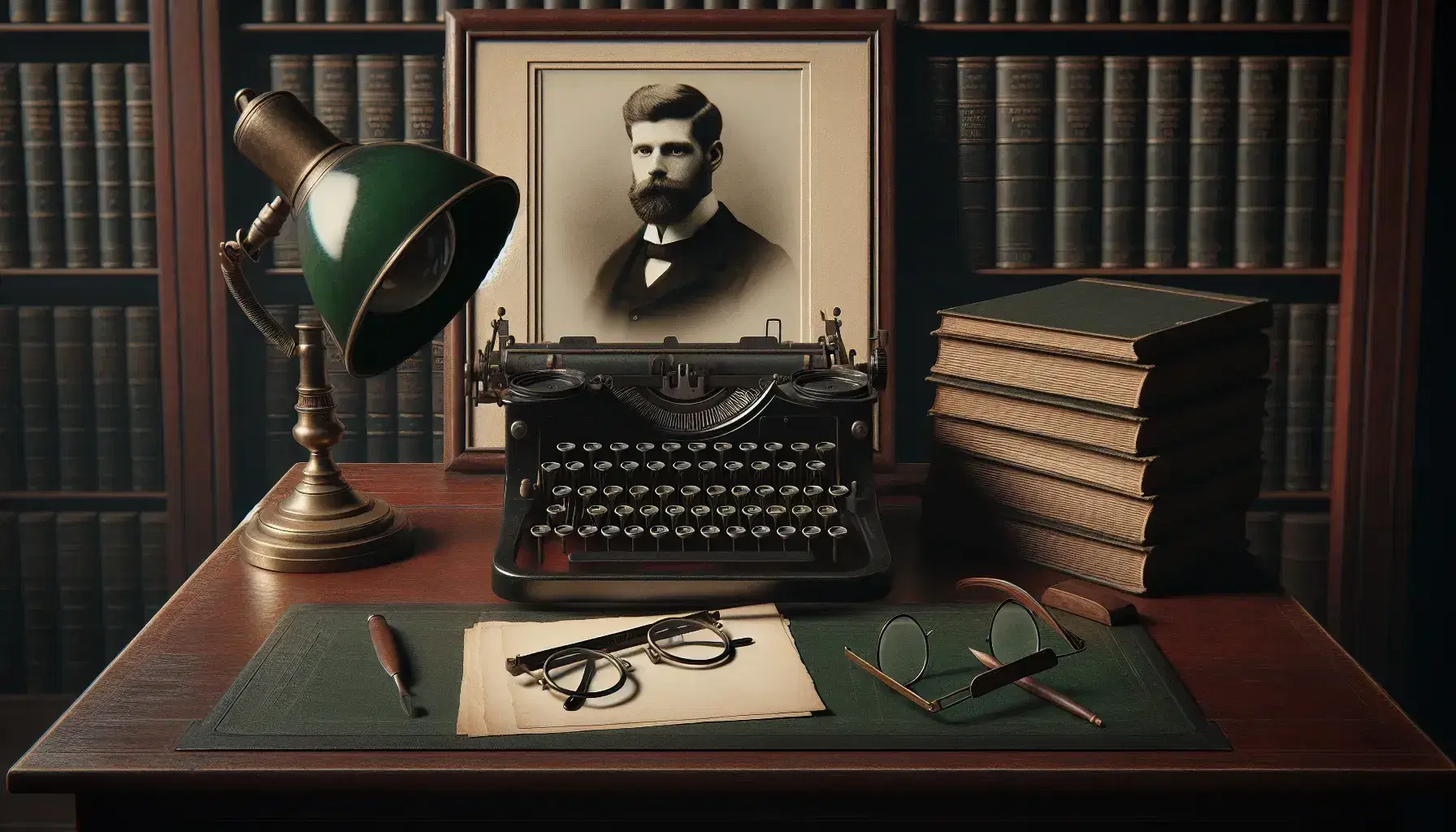 Vintage desk with an antique typewriter, a framed black and white portrait of a bearded man, a green banker's lamp, and round wire-rimmed glasses.