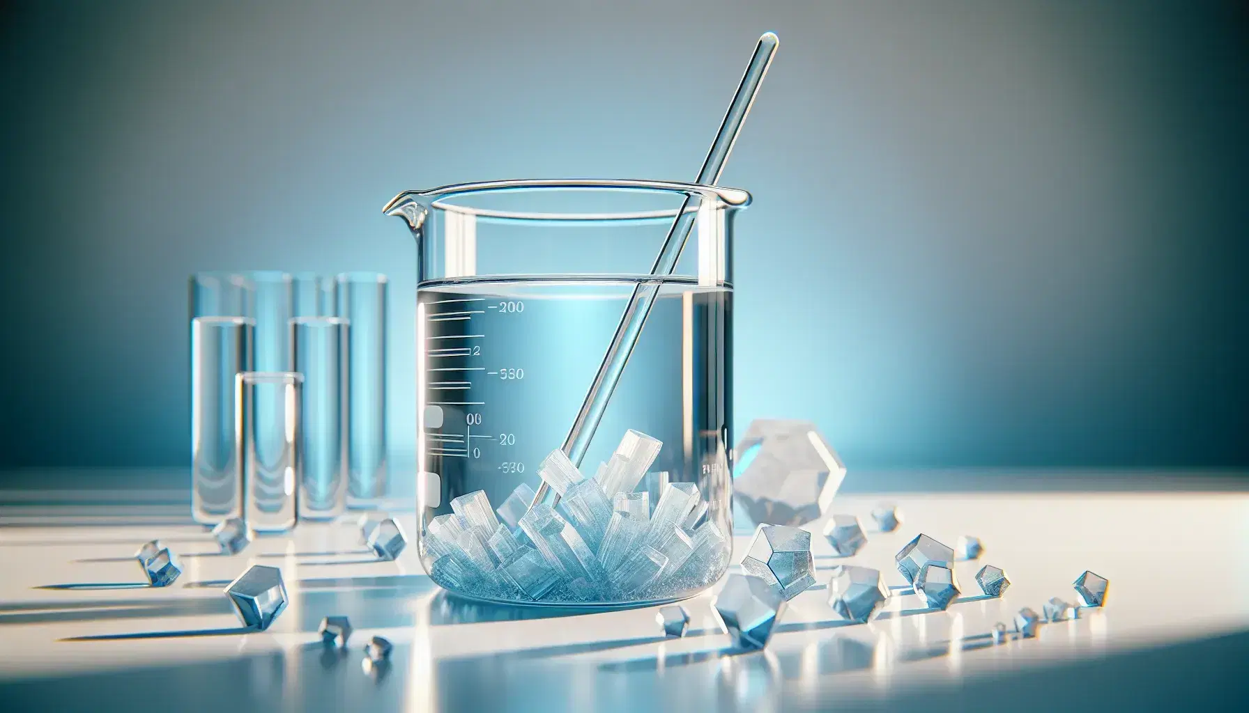 Glass beaker with transparent liquid and blue crystals on the bottom, submerged stirring rod, on white surface with light blue-white gradient background.