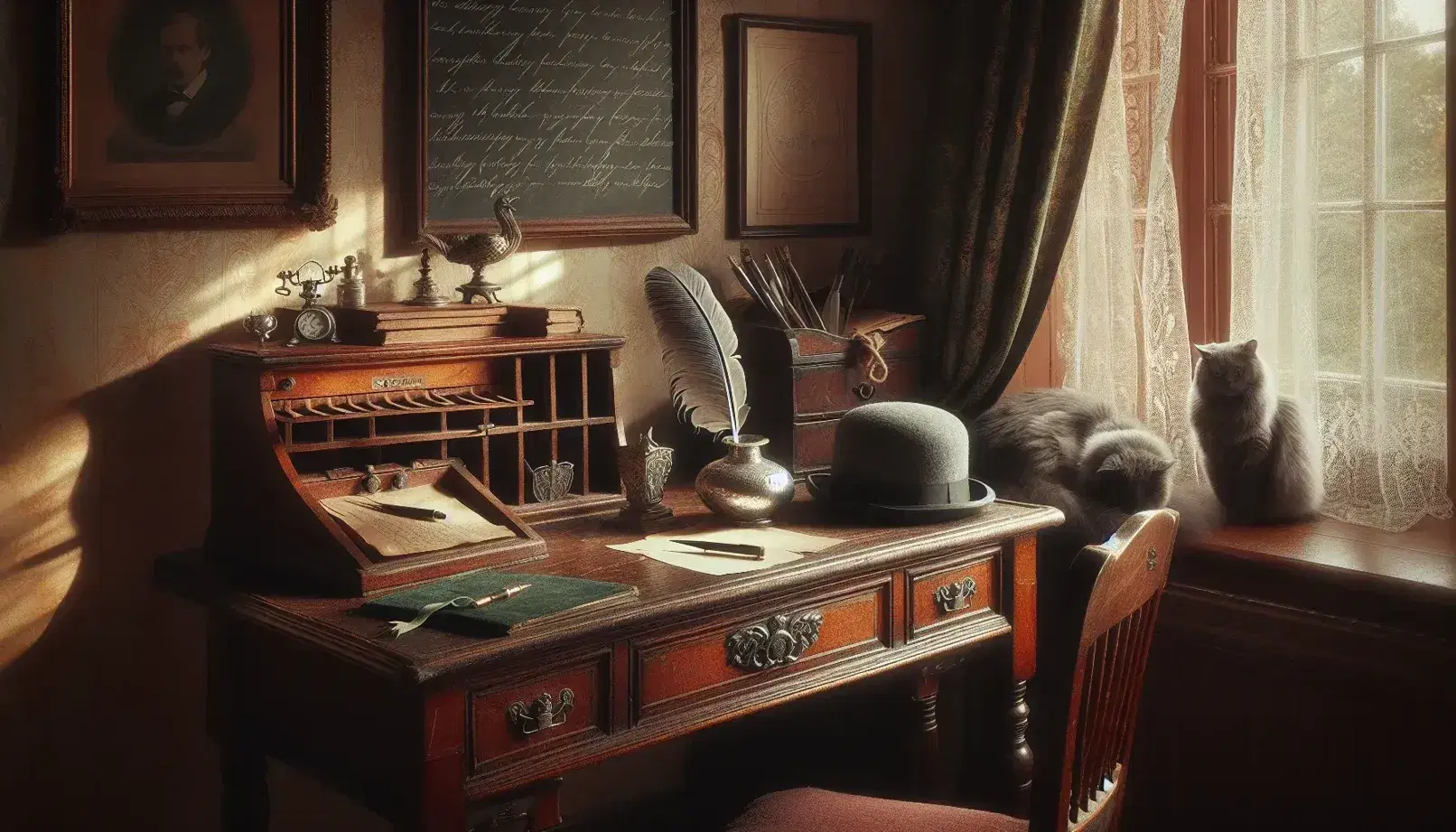 Scrivania vintage in legno con calamaio d'argento, penna d'oca, libro rilegato in pelle, lettere legate e cappello da uomo, gatto grigio dormiente.