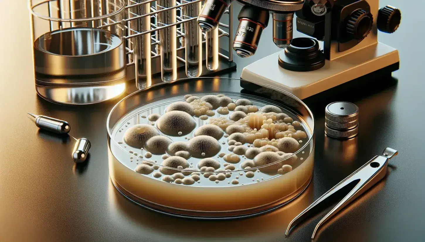 Close-up view of a petri dish with Chytridiomycota fungal colonies, surrounded by tweezers, a pipette, and part of a microscope in a lab setting.