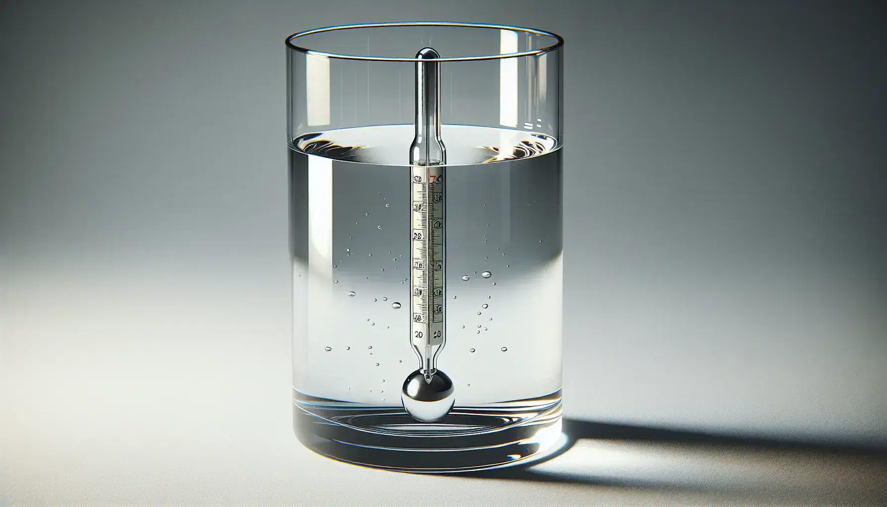 Termómetro de mercurio sumergido en vaso de agua transparente, sin marcas numéricas, destacando la columna de mercurio en medición.