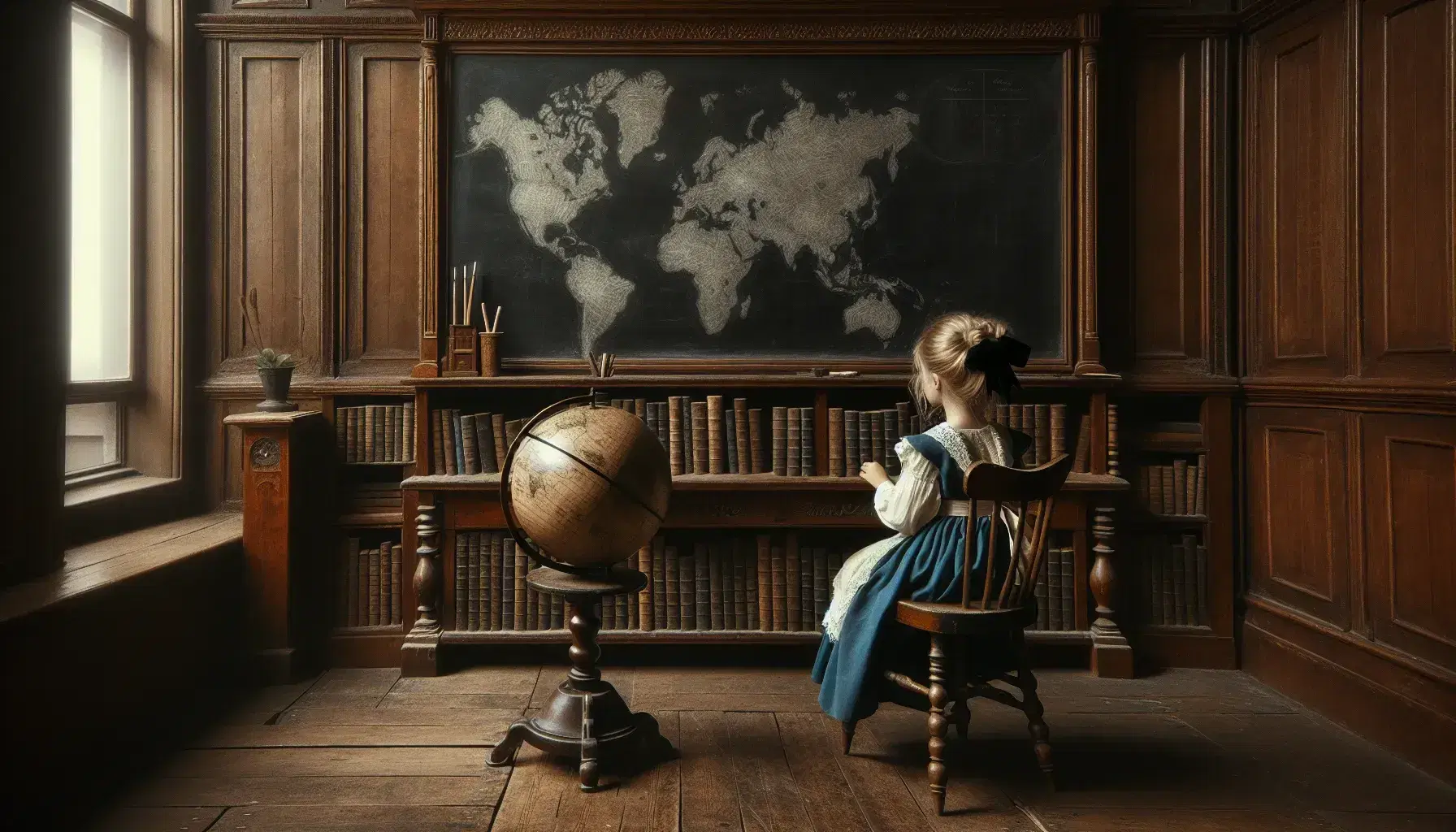 Niña sentada en aula antigua observa pizarra, con globo terráqueo sobre mesa de madera y estantería llena de libros encuadernados junto a reloj de péndulo.