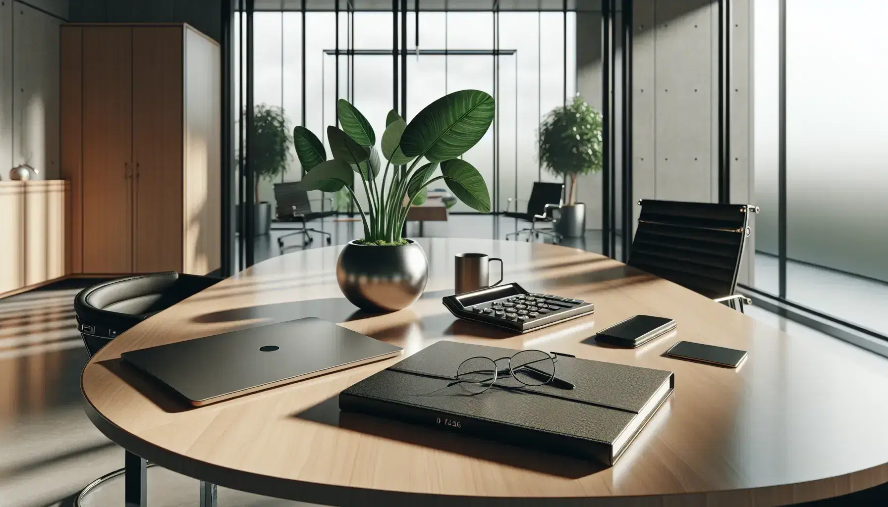Modern office with large window, oval wooden table with laptop, notebook, calculator, eyeglasses, and potted plant, flanked by two black chairs.