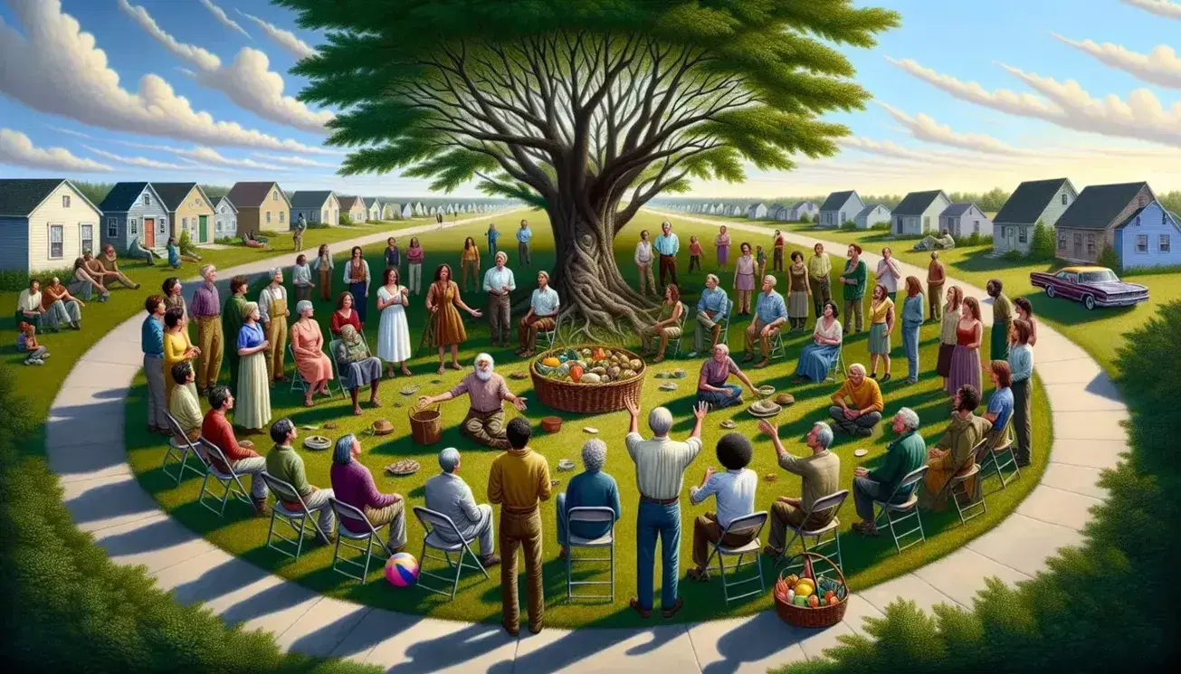 Grupo diverso reunido en círculo al aire libre bajo un árbol, compartiendo comida y disfrutando de un día soleado en una comunidad pequeña.