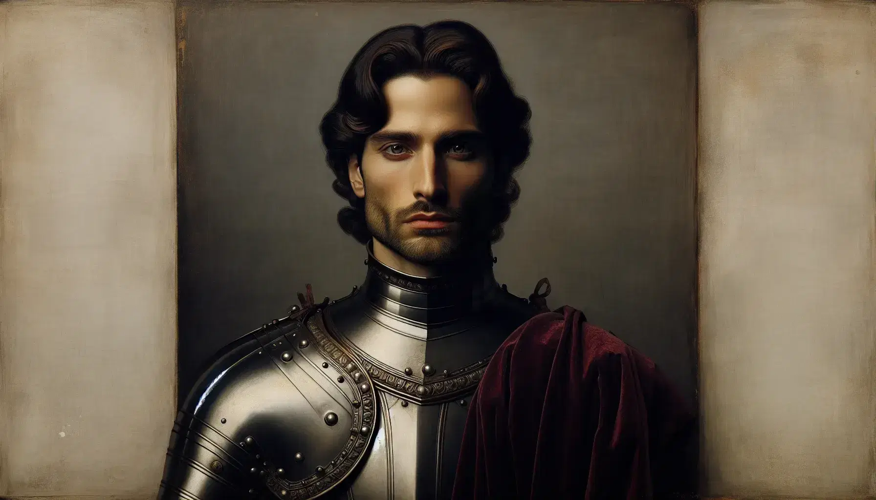 Ritratto di uomo in stile rinascimentale, somigliante a Cesare Borgia, con armatura e mantello rosso, sguardo intenso e sfondo neutro.