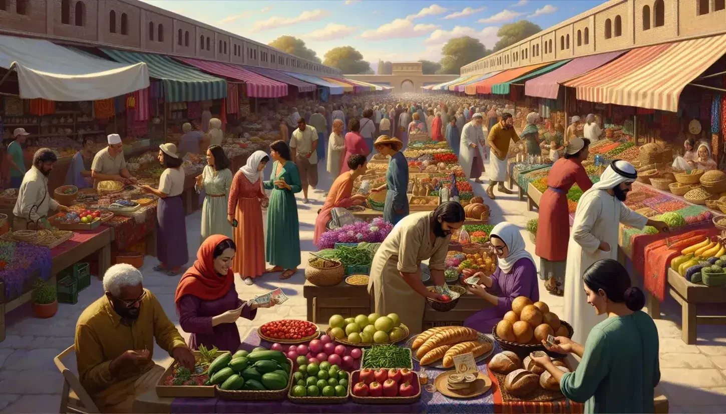 Diverse crowd shopping at an outdoor market with colorful stalls selling fresh produce, handcrafted goods, and artisanal bread under a clear blue sky.