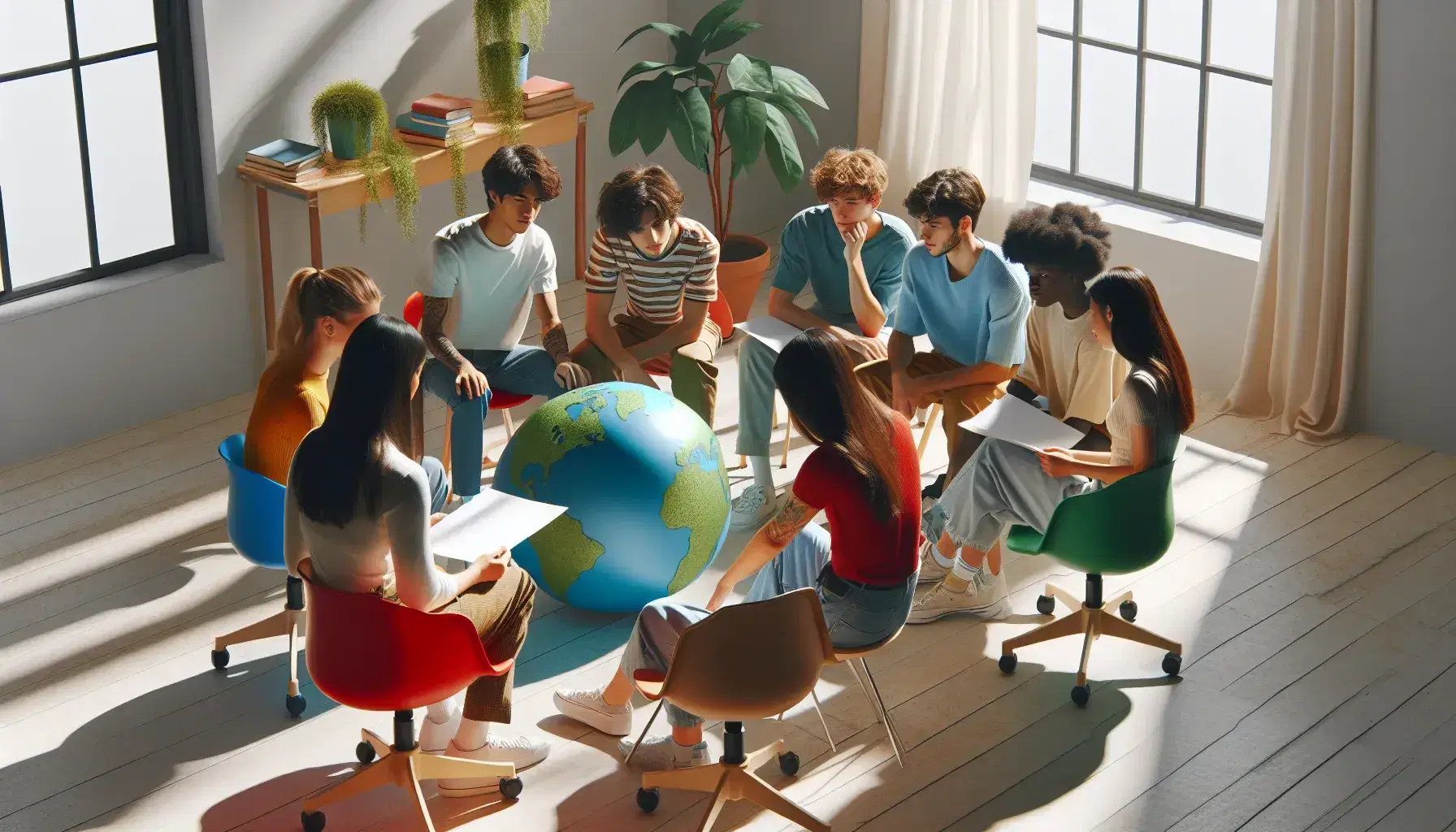 Multi-ethnic students engaged in learning activities in bright classroom with colorful chairs, green plant and natural light.