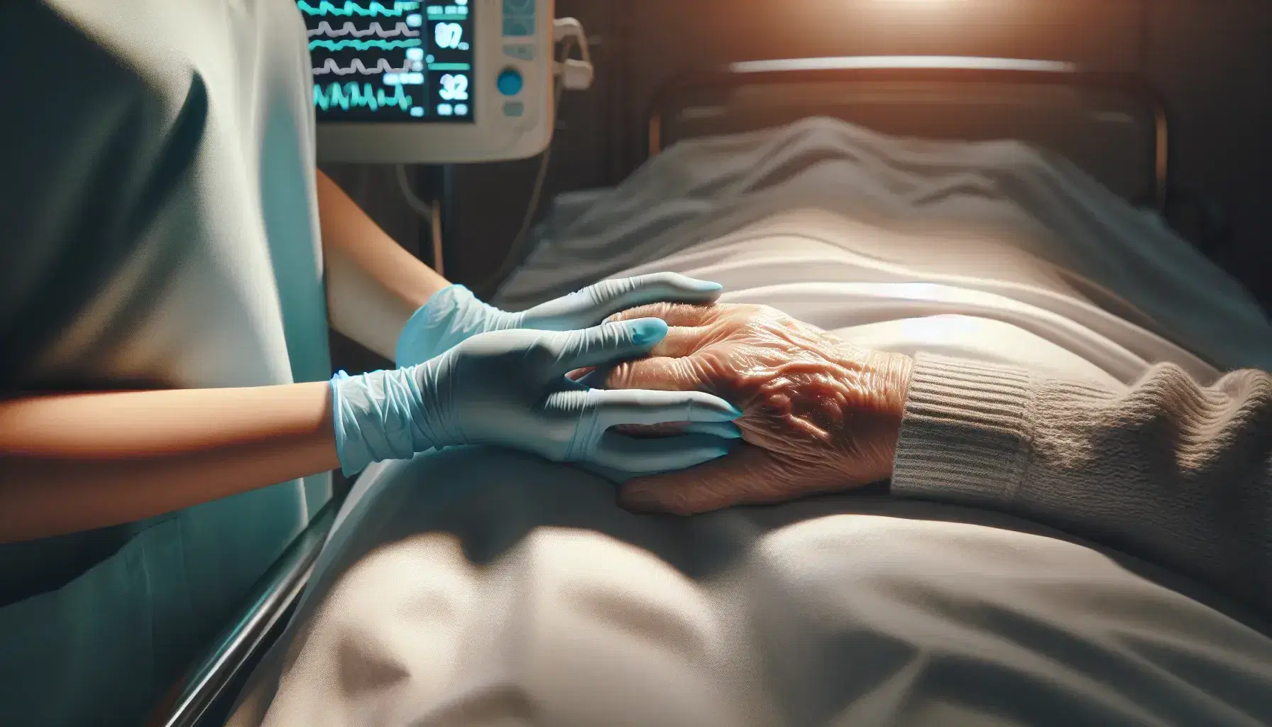 Manos de enfermera con guantes azules sosteniendo con cuidado la mano envejecida de un paciente sobre sábana blanca, con fondo de cama hospitalaria y monitor de signos vitales.