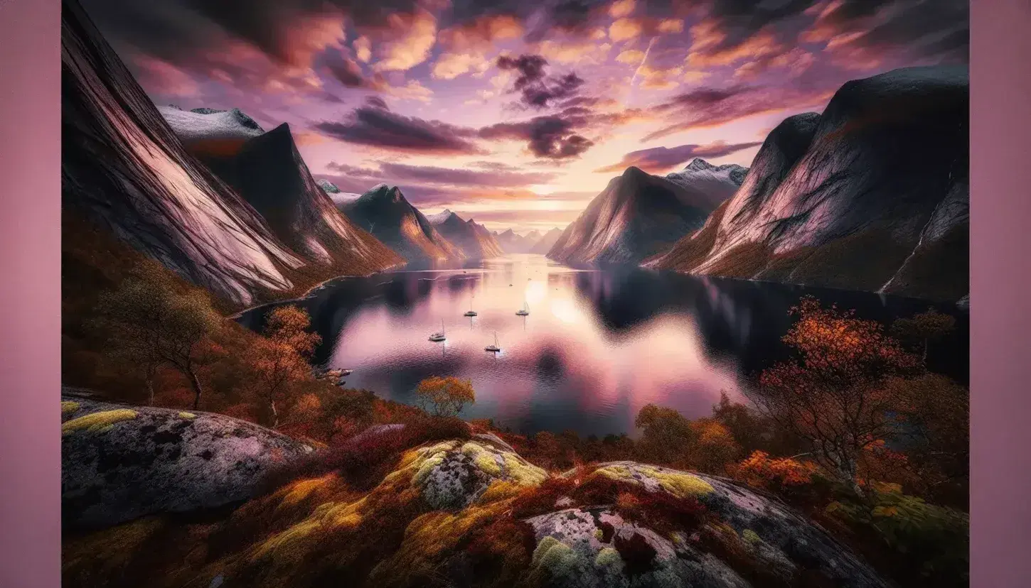 Fiordo norvegese al tramonto con montagne innevate, riflessi colorati sull'acqua calma, alberi autunnali e barche a vela ancorate.