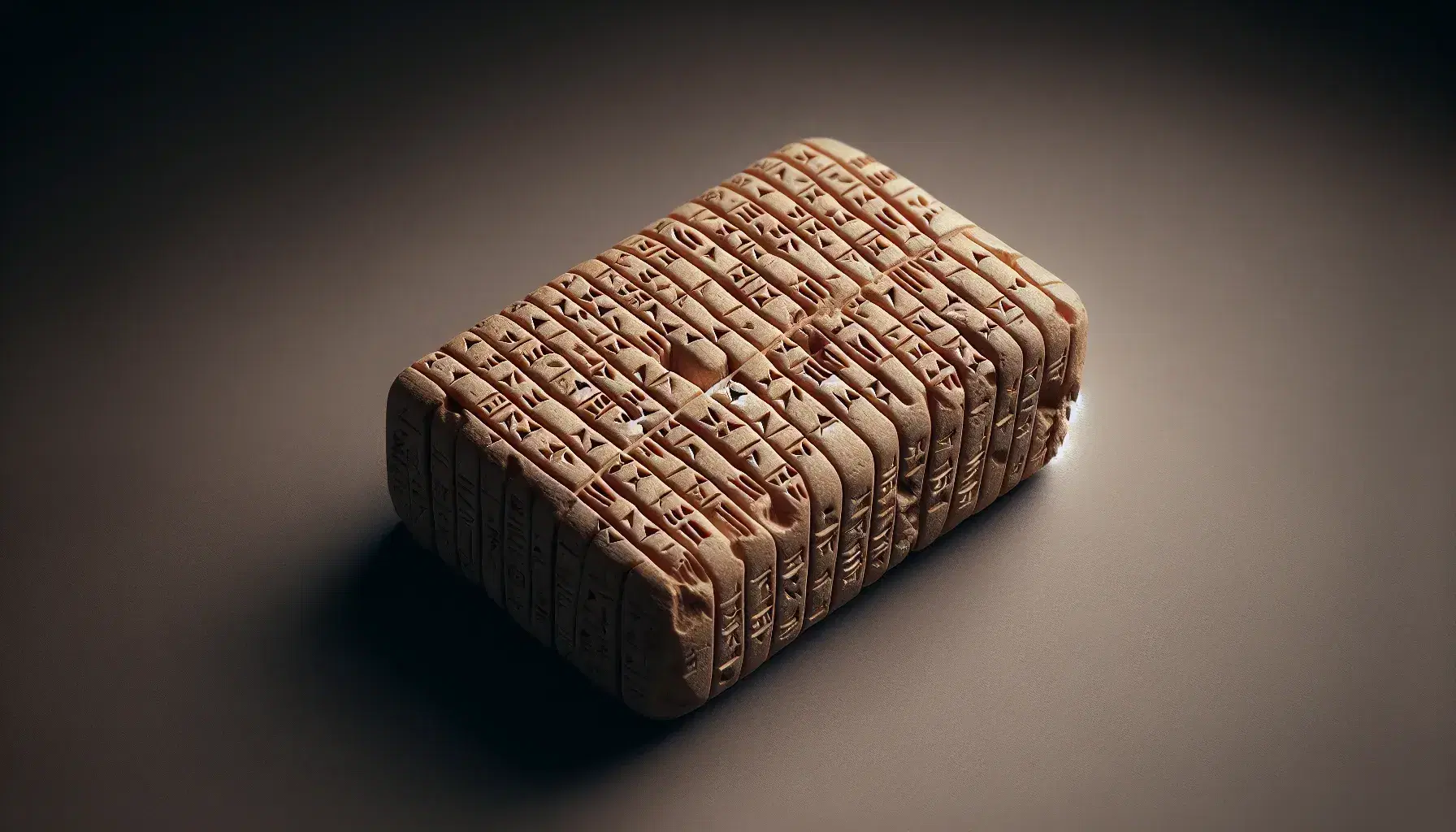 Tavoletta sumera in argilla con incisioni cuneiformi, superficie coperta da segni ordinati che mostrano usura e sfumature di marrone.