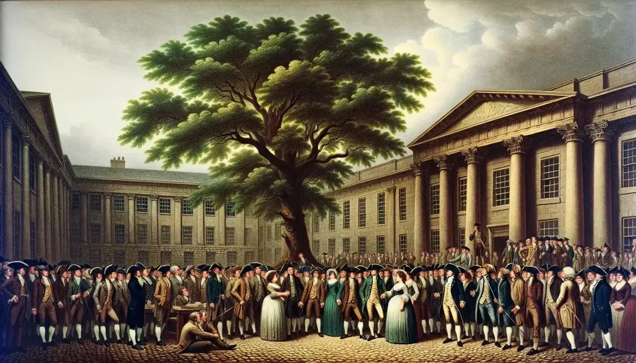 Late 18th-century gathering in a cobblestone square with diverse people in period attire under a leafy tree, near a classical building on a clear day.