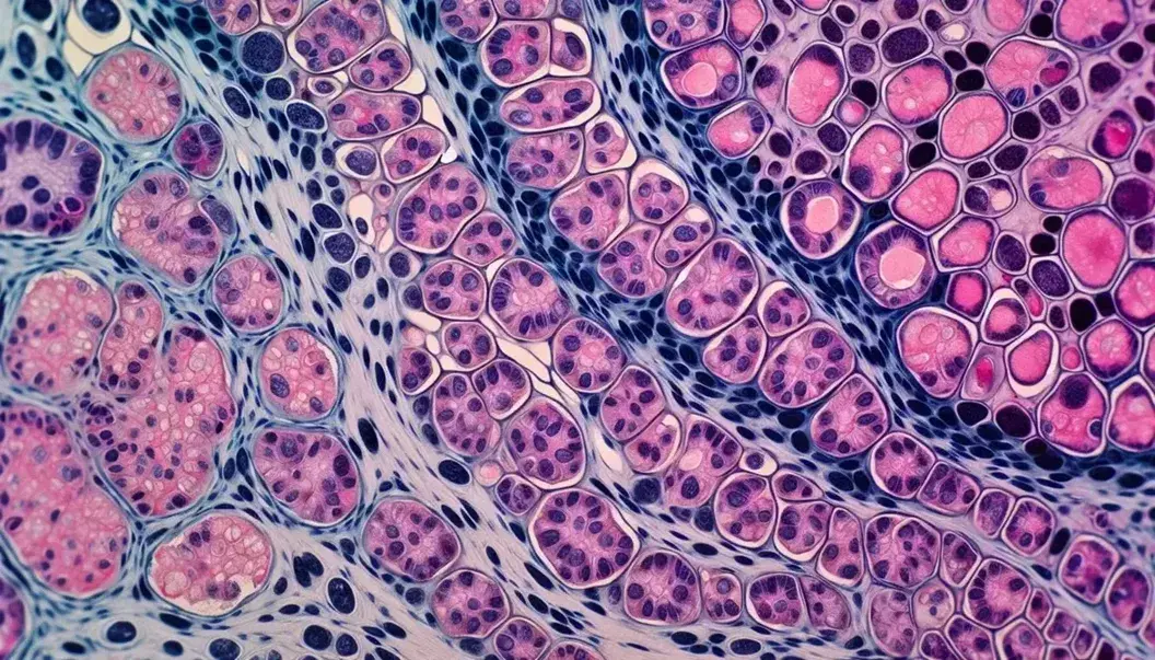 Vista microscópica de tejido epitelial humano con células poligonales y núcleos oscuros, tinción histológica en tonos rosas y azules.
