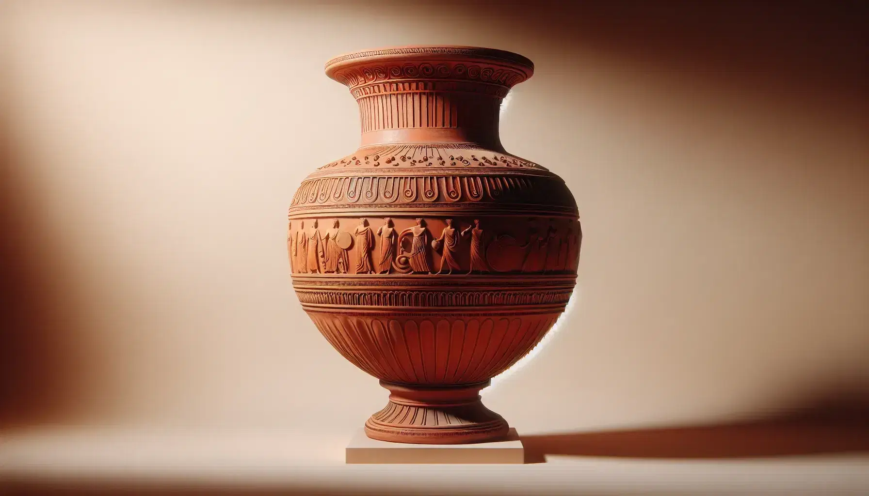 Ancient Grecian terracotta urn with bas-relief frieze depicting a procession of figures, adorned with geometric patterns and arching handles.