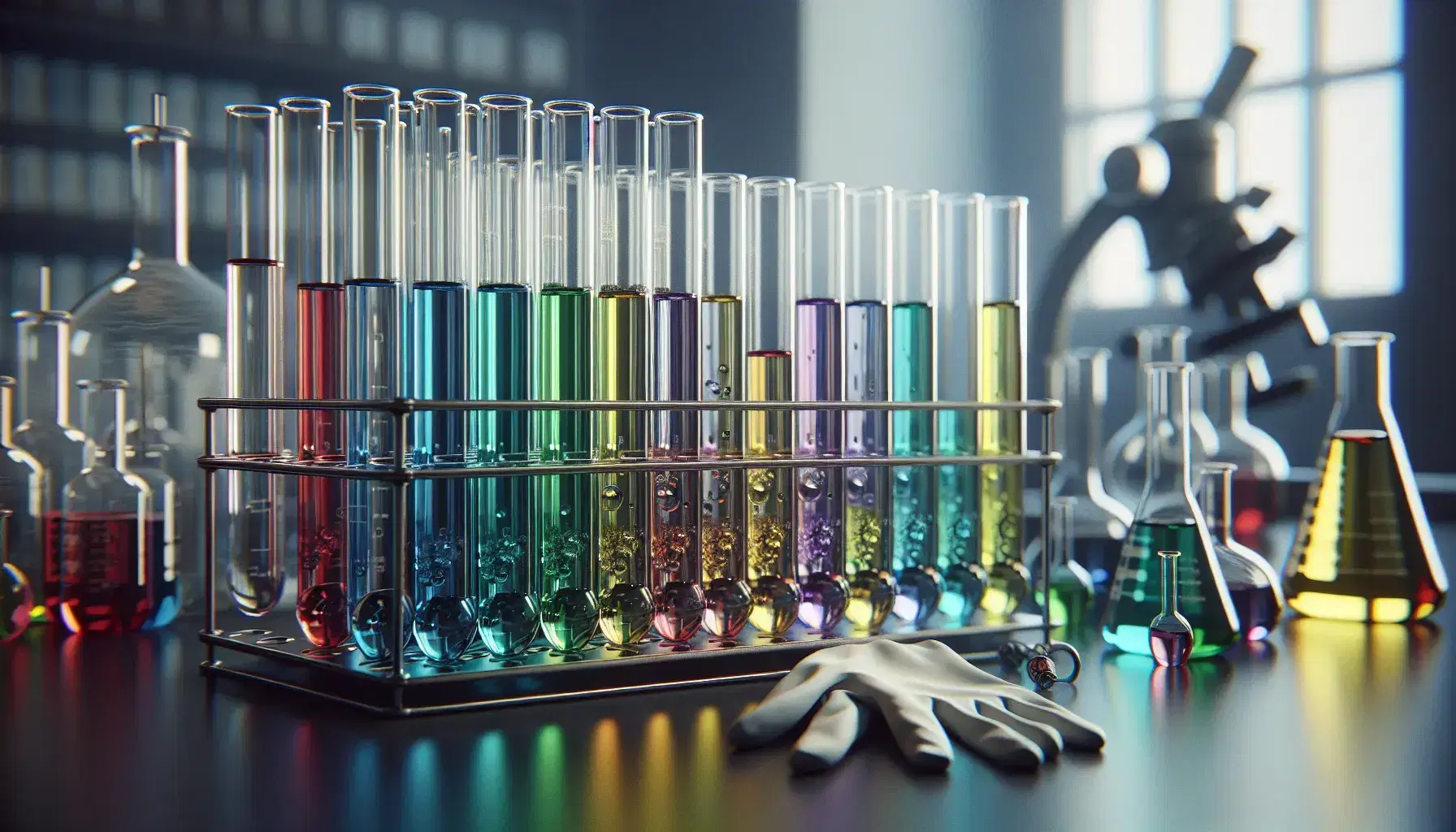 Tubos de ensayo de vidrio con líquidos coloridos en gradilla metálica sobre superficie oscura en laboratorio, guantes blancos al lado, sin escritos visibles.