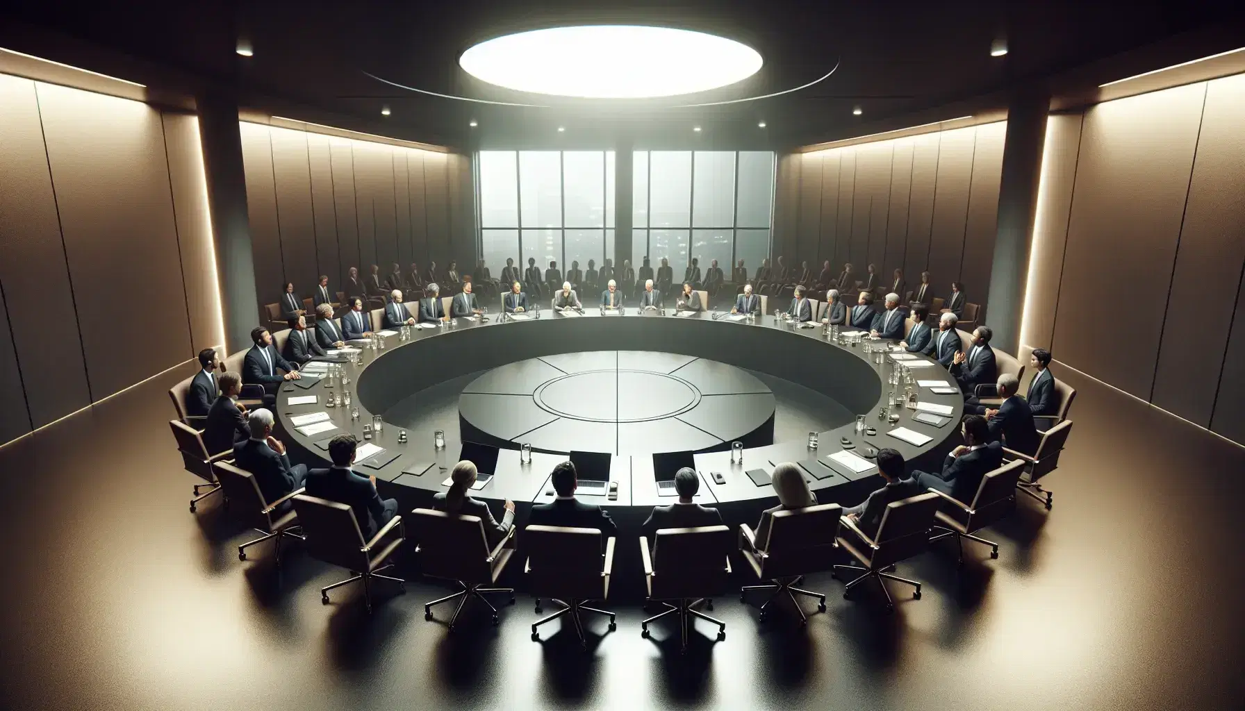 Professionals in formal attire engaged in discussion around a circular table with laptops and documents in a well-lit conference room with city views.