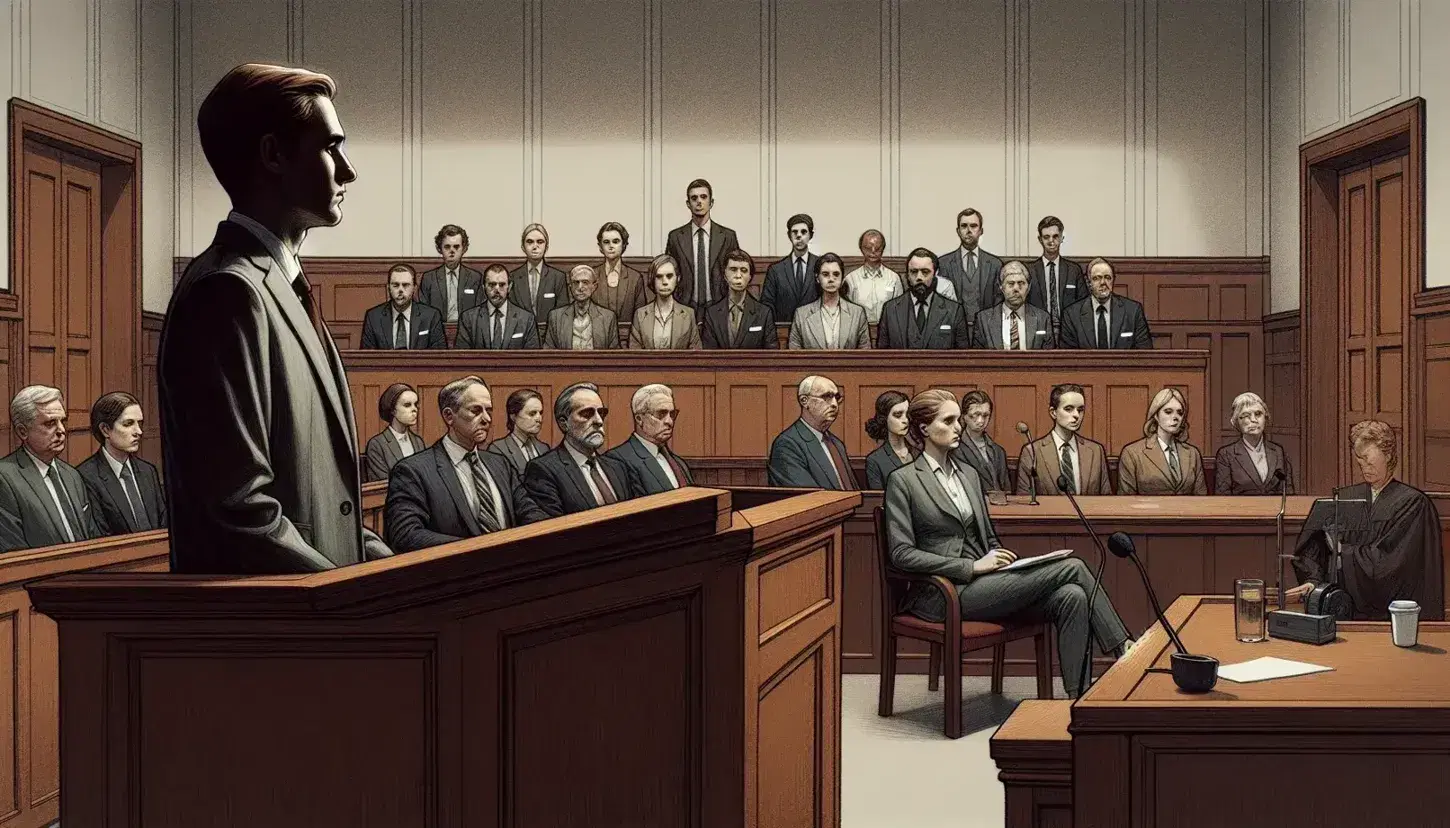 Formal court scene with witness standing at the witness stand and attentive jury in background, soft colors and balanced lighting.