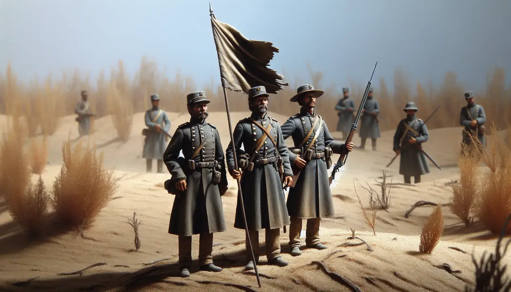 Tres figuras militares del siglo XIX con uniformes oscuros y sombreros anchos sostienen una bandera y fusiles en terreno desértico bajo cielo azul.