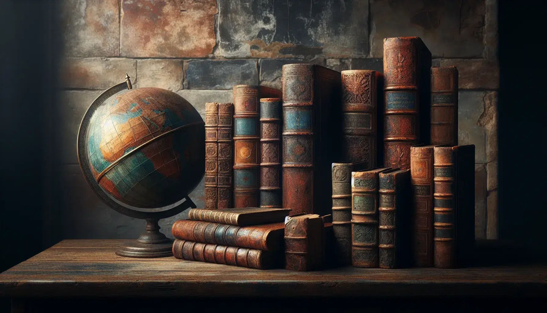 Pila de libros antiguos con tapas de cuero sobre mesa de madera junto a un globo terráqueo antiguo, iluminados suavemente, contra un fondo de pared de piedra.