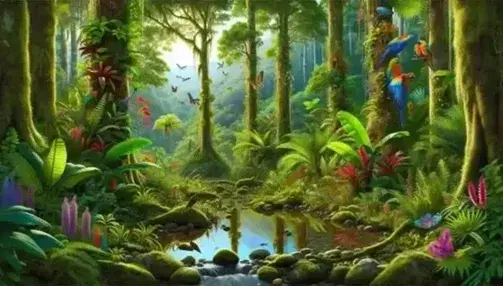 Lush tropical rainforest with colorful flowers, lively birds, butterfly and clear stream, surrounded by pristine nature.