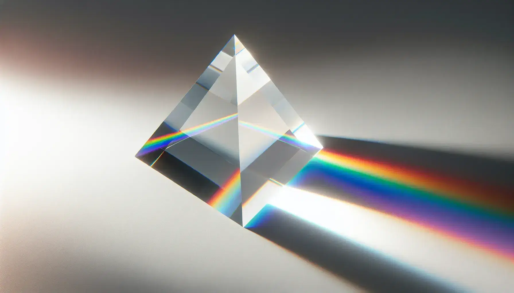 Prism refracting light into a vibrant color spectrum on a white background, showcasing the natural order of rainbow hues from red to violet.
