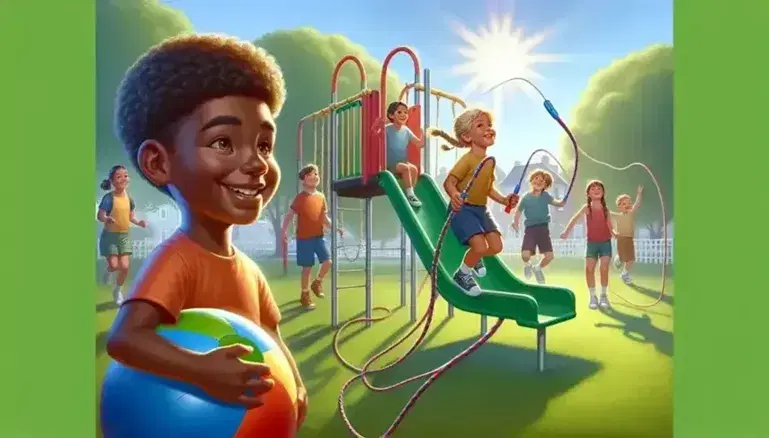 Niños diversos jugando en parque soleado con columpios y tobogán, niño con pelota y niña saltando la cuerda en primer plano.