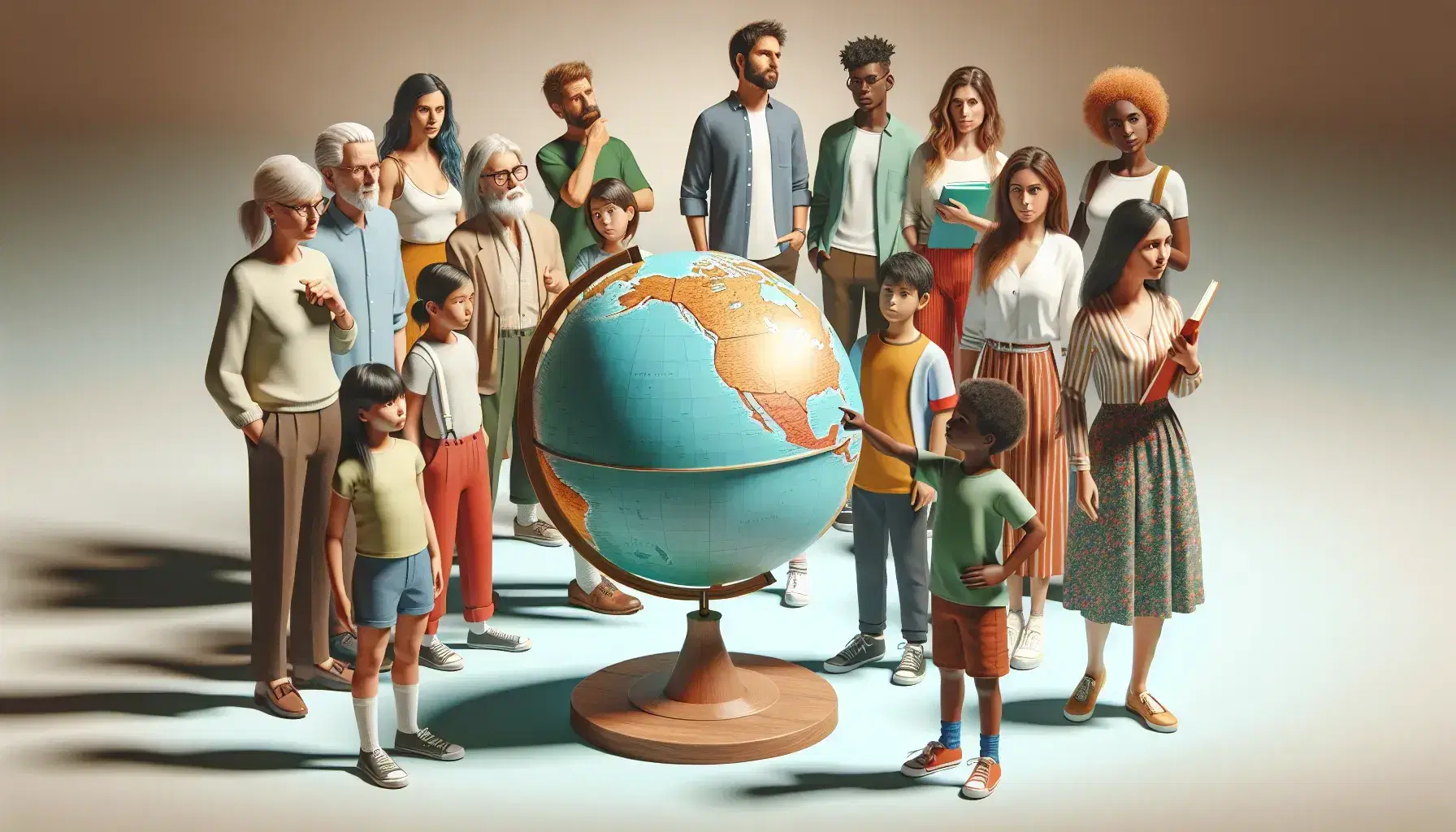 Grupo diverso de personas de diferentes edades señalando un globo terráqueo en un aula, reflejando interés y aprendizaje sobre geografía mundial.