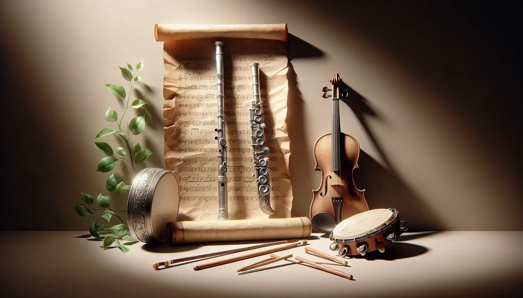 Collezione di strumenti musicali con flauto traverso, violino, archetto e tamburello su sfondo neutro e foglio di pergamena antico.