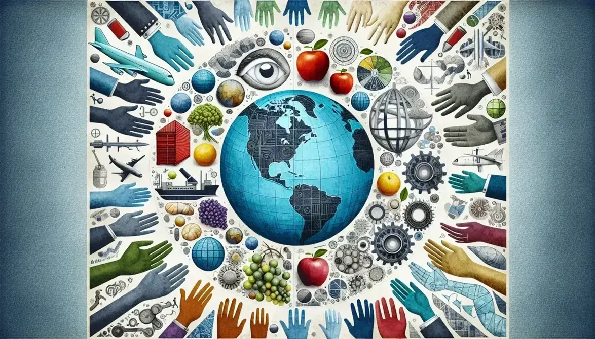 Globo terráqueo rodeado de manos multiculturales, avión, barco de carga, uvas, manzana y engranajes, simbolizando la diversidad y la interconexión global.