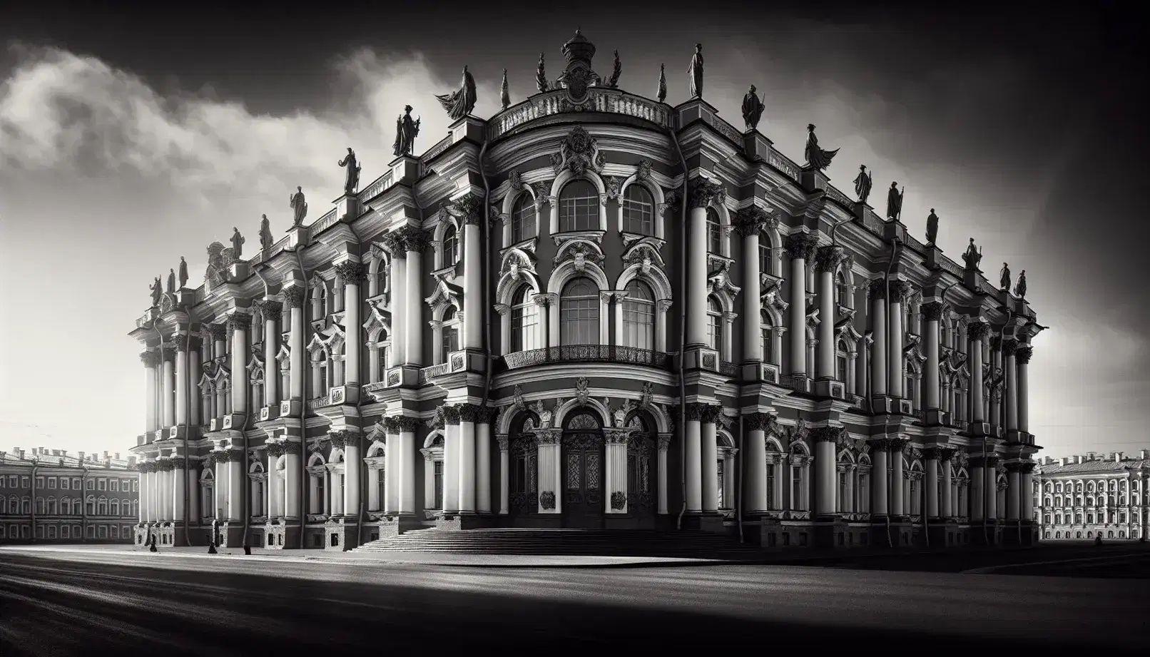 Palazzo d'Inverno di San Pietroburgo in bianco e nero, con facciata imponente, colonne, sculture e scalinate, senza persone.